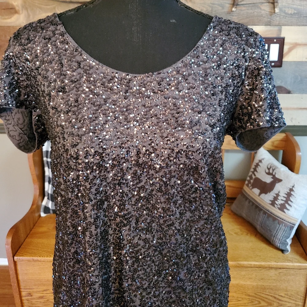 J Crew Black Sequin Short Sleeve Blouse
